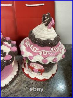 2 Heart Teddy Bear Love Rose Lighted GINGERBREAD CUPCAKE HOUSE Valerie Parr Hill