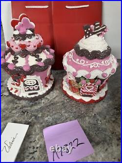 2 Heart Teddy Bear Love Rose Lighted GINGERBREAD CUPCAKE HOUSE Valerie Parr Hill
