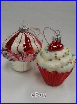 2 NEW Sterling Vintage Mouth Blown Glass Cupcakes Ornaments