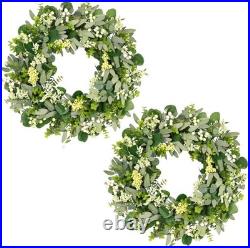 2 Pack Green Eucalyptus Leaf Wreaths, 24 Inch Artificial Spring Summer Wreath
