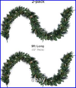 2 Pack of 9 Ft Pre-Lit Frosted Carolina Pine Garland, Artificial, Pine Cones, Wa
