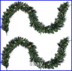 2 Pack of 9 Ft Pre-Lit Frosted Carolina Pine Garland, Artificial, Pine Cones, Wa
