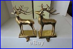 2 Pottery Barn Brass Reindeer Stocking Holders in original boxes