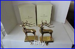 2 Pottery Barn Brass Reindeer Stocking Holders in original boxes