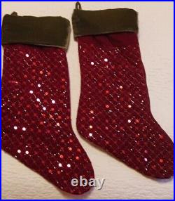 2 Pottery Barn Christmas Stockings Red Green Velvet Beads Sequins No Mono RARE