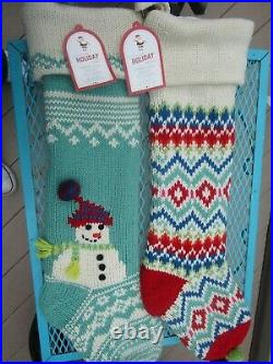 2 Pottery Barn Kids Merry & Bright Christmas Knitted Stocking, Snowman & ZigZag
