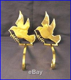 2 Vintage Solid Brass Christmas Stocking Hangers / Holders Dove with Olive Branch