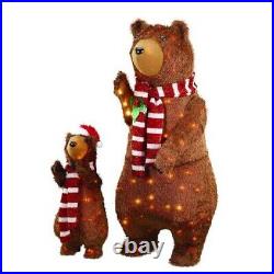 2pc Set Lighted Fuzzy Brown Bears Sculpture Outdoor Christmas Yard Decor Display
