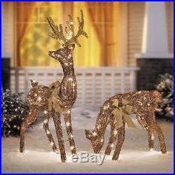 2pc Set Lighted Glitter Bronze Grapevine Deer Sculptures Outdoor Christmas Decor