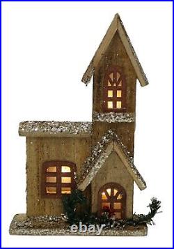 30cm Tall Wooden House WIth 10 Led Lights Glittered Christmas Ornament