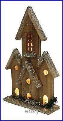 30cm Tall Wooden House WIth 10 Led Lights Glittered Christmas Ornament