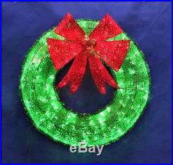 36 Green Tinsel Wreath Red Bow LED Mini Lights Outdoor Christmas Decoration New