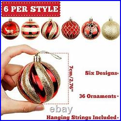 36pcs Christmas Ball Ornaments 70mm/2.76 Red Gold Shatterproof Holidays Decor