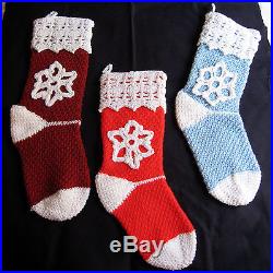 3 HANDMADE Knit CROCHET White SNOWFLAKE STOCKING Red XMAS Blue HOLIDAY Decor NEW