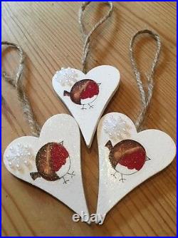 3 X Robin Christmas Hanging Decorations Country Shabby Chic With Snowflakes