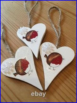 3 X Robin Christmas Hanging Decorations Country Shabby Chic With Snowflakes