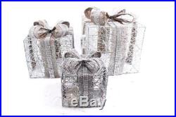 3 x Silver Christmas Gift Present Boxes Xmas Decoration LED Lights Batt Operated