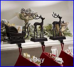 3pc Pottery Barn Bronze Santa Sleigh + 2 Deer Reindeer Stocking Holders Hanger