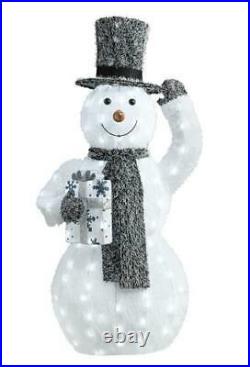 44 Tall Prelit Cool White LED Plush Snowman with Present Outdoor Christmas Decor
