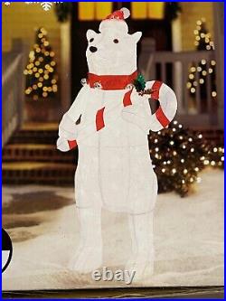 46 in Swirl Sheer Tinsel Polar Bear with Candy Cane 150 Lights Christmas Holiday
