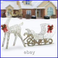 48 in. Pre Lit Sisal Reindeer and Sleigh Decoration with Cool White LED Lights