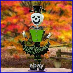 4.3ft Tall Metal Skeleton Man with Top-hat’Happy Halloween’ Figurine Decoration