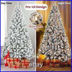 4/5/6/7FT Snow Flocked Artificial Christmas Tree Holiday Decora Prelit Or Unlit