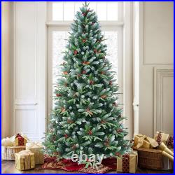 4-9 ft Artificial Christmas Tree Snow Frosted Pine Tree with Pinecones&Red Berries