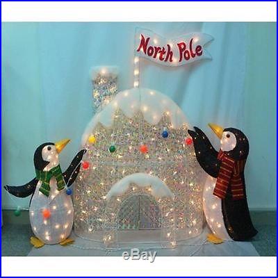 4-FT NORTH POLE PENGUINS IGLOO TINSEL ACRYLIC CHRISTMAS OUTDOOR LIGHTED YARD ART