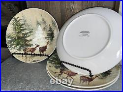 4 Four Pottery Barn Deer In Snow Reindeer Pine Trees Salad Plates