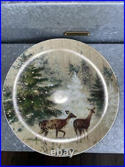 4 Four Pottery Barn Deer In Snow Reindeer Pine Trees Salad Plates