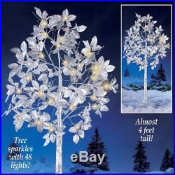 4 Ft Christmas Lighted Tree Yard Decoration 48 Light Silver Leaf Outdoor Decor