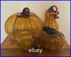 4 Hand Blown Art Crackle Glass Pumpkins Gourds Acorns Halloween Thanksgiving