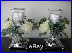 4 Piece Elegant Christmas/Winter Pine & Floral Silver Pillar Candle Holders