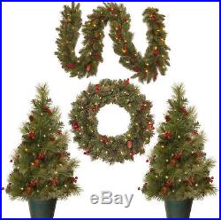 4 Piece Green Pine Trees Artificial Christmas Tree, Wreath and Garland Set