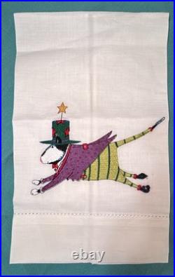 4 Rare HTF Patience Brewster Embroidered Christmas Hand Towels Cat, Dog Mr Mrs C