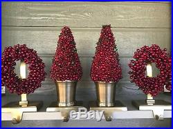 4 Restoration Hardware Christmas Stocking Holders Red Berry Wreath Topiary Brass
