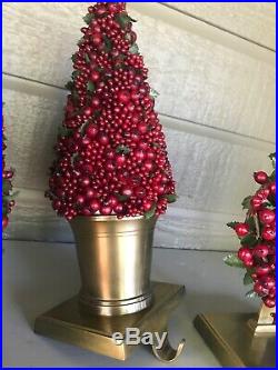 4 Restoration Hardware Christmas Stocking Holders Red Berry Wreath Topiary Brass