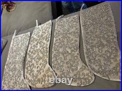 4 Tahari Luxury Beaded Champagne & Ivory Velvety Christmas Stockings New WithO Tag