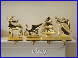4 Vintage Brass Stocking Hangers Holders Christmas Tree Reindeer Sleigh Angel