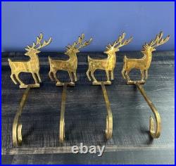 4 Vintage Polished Brass Reindeer Stocking Holders Long Arm Heavy Christmas READ