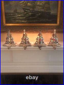 4 Vtg POTTERY BARN Christmas Stocking Hangers JEWELS/TREES SILVER Holder