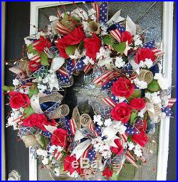 4th of July Deco Mesh Front Door Wreath, Americana Patriotic Rustic Home Decor