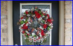 4th of July Deco Mesh Front Door Wreath, Americana Patriotic Rustic Home Decor