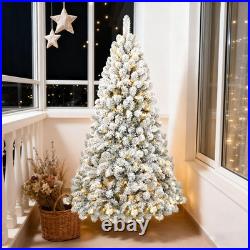 5/6/7/8/9 ft Pre-lit Artificial Christmas Tree Hinged Snow Flocked Xmas Trees