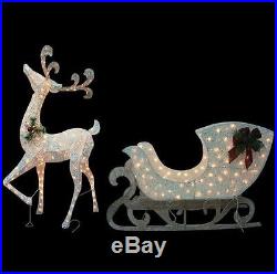 5' Lighted White Reindeer with Sleigh Outdoor Christmas Decor 350 Mini Lights