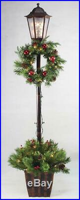 5' Tall Prelit Decorated Wreath Lamp Post Pot Outdoor Lawn Porch Christmas Decor