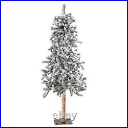 5ft Heavy Snow Flocked Alpine Artificial Christmas Tree with Wood Trunk Metal