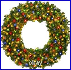 60in Large Artificial Pre-Lit Fir Christmas Wreath Holiday Accent Decoration