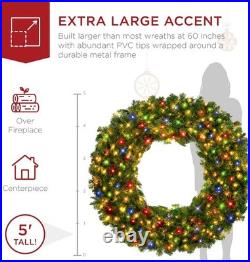 60in Large Artificial Pre-Lit Fir Christmas Wreath Holiday Accent Decoration